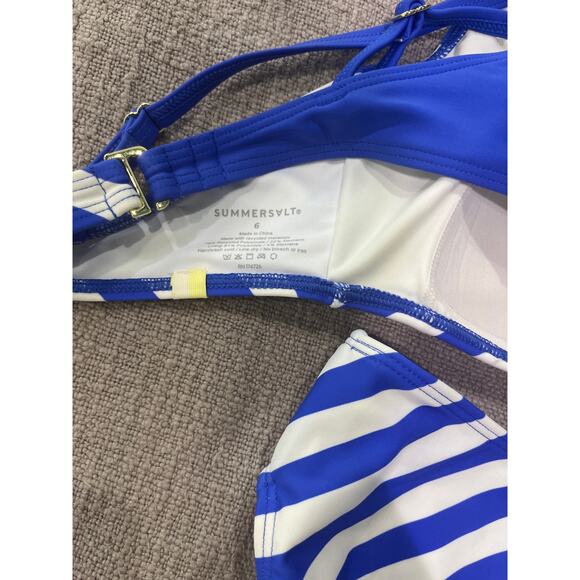 Summersalt 2pc Marina Bikini Blue & White Top W/ Diagonal Mid Rise Bottoms Sz 6 - Picture 7 of 10